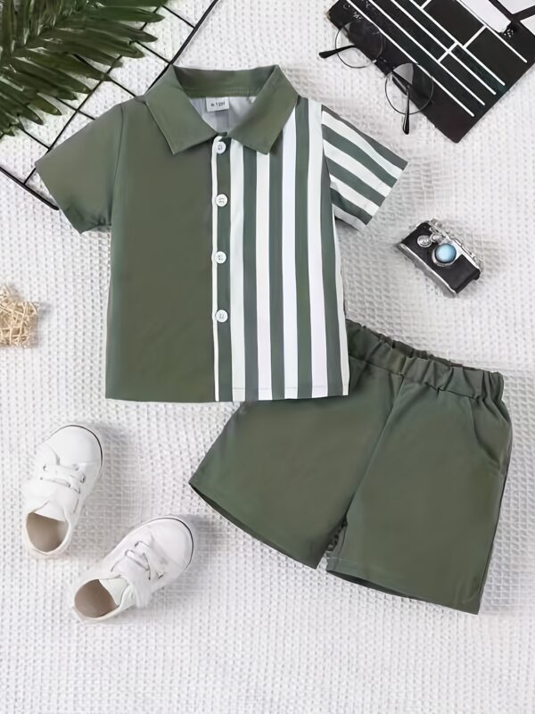 Boys' Fashion Set, Striped Polyester Shirt and Shorts, Casual Elastic Fabric, Spring/Summer Collection, Slim Fit, Button Detail, Woven Construction, Polyester Top and Bottom, For Outdoor