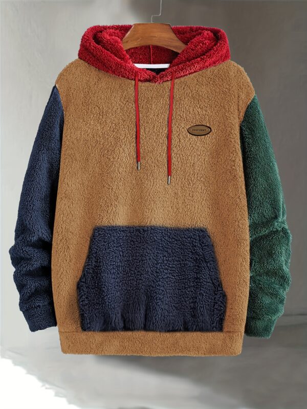 Men's Multicolor Fleece Hoodie with Patch - Warm, Casual Fall & Winter Sweatshirt with Drawstring Hood and Kangaroo Pocket, Casual Winter Wear|Color Block Hoodie|Soft Texture Sweatshirt - Image 3