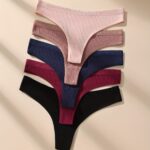 5pcs Soft & Breathable Women's Thongs - Sexy Low-Rise Ribbed Underwear in Black, Navy Blue, Maroon, Dark Pink & Light Pink, Hand Wash Only - Image 5