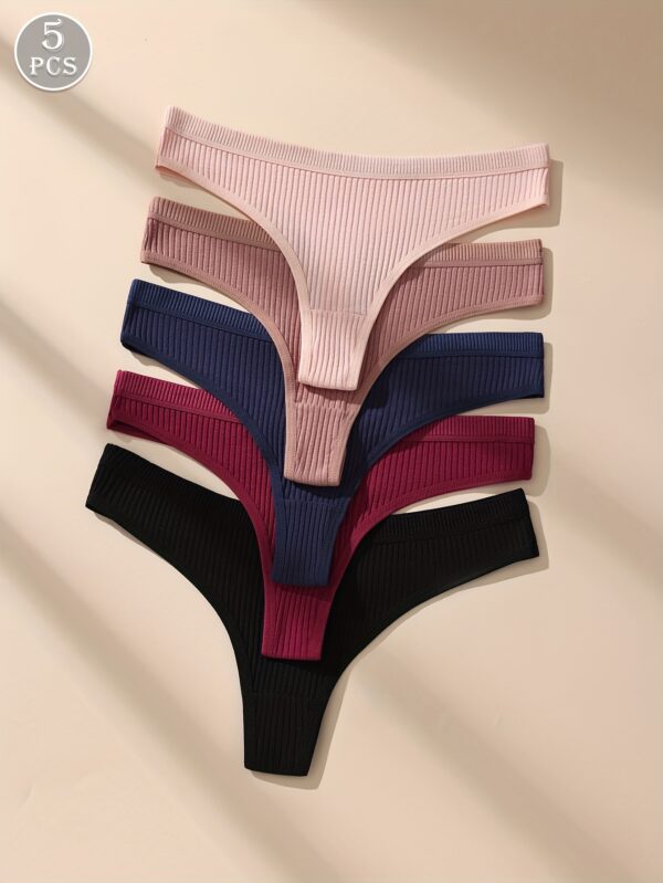 5pcs Soft & Breathable Women's Thongs - Sexy Low-Rise Ribbed Underwear in Black, Navy Blue, Maroon, Dark Pink & Light Pink, Hand Wash Only - Image 5