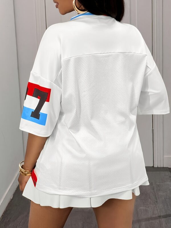 Women's Y2K Mesh Panel Athletic Style Short Sleeve Top - Casual Sporty Tee with "90 BIRTHDAY" Lettering & Eagle Design, Breathable White Base, Perfect for Spring/Summer, Summer Fashion | Vibrant Color Contrast - Image 4