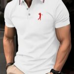 Men's Short Sleeve Shirt - White with Red Golf Print, Striped Collar & Cuffs, Breathable Summer Golf & Casual Wear, Machine Washable Regular Fit, Durable Fabric - Image 3
