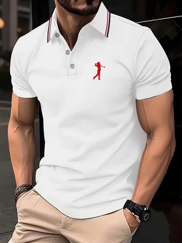 Men's Short Sleeve Shirt - White with Red Golf Print, Striped Collar & Cuffs, Breathable Summer Golf & Casual Wear, Machine Washable Regular Fit, Durable Fabric - Image 3