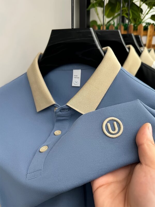 Men's Stylish Embroidered Shirt - Casual Short Sleeve, Button-Up Collar, White with Gray Collar & Cuff Accents, Soft Polyester Fabric, Perfect for Golf or Casual Attire, Golf Shirt | Embroidered Collar Detail | Smooth Texture - Image 4