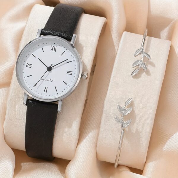2pcs/set Women's Casual Round Pointer Quartz Watch Analog PU Leather Wrist Watch & Leaf Bangle, Gift For GirlsHer - Image 4