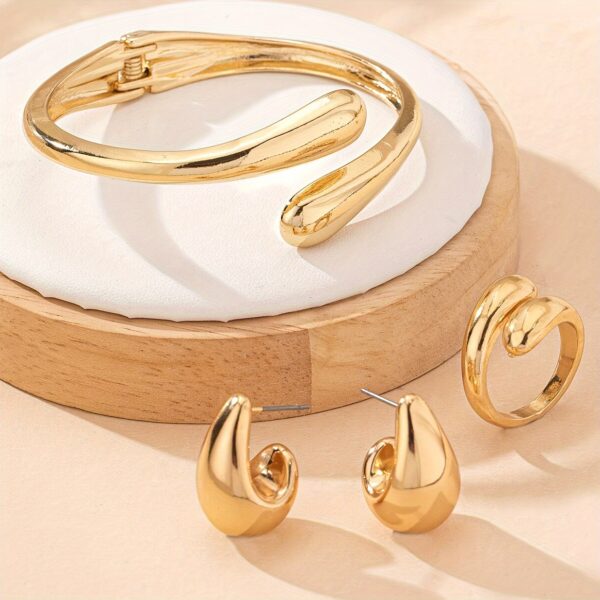 2pcs of Teardrop Earrings + 1pc of Bracelet + 1pc of Ring Geometric Teardrop Shape Women'S Jewelry Set Suitable for Daily Wear And Versatile Party Gifts - Image 2