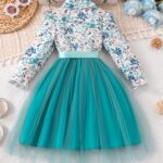 Elegant Floral Print Long Sleeve Dress with Belt - Mint Green Turned-Collar, Tulle Skirt, Perfect for Fall/Winter, Toddler Fashion, Toddler Fashion Outfit | Floral Print Dress | Glossy Fabric, Floral Print Blouse - Image 8
