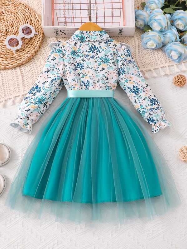 Elegant Floral Print Long Sleeve Dress with Belt - Mint Green Turned-Collar, Tulle Skirt, Perfect for Fall/Winter, Toddler Fashion, Toddler Fashion Outfit | Floral Print Dress | Glossy Fabric, Floral Print Blouse - Image 8
