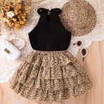Girls' 3pcs Vintage Leopard Print Outfit Set - Sleeveless Cotton Blend Bandeau Top, Tiered Skirt, and Matching Hat - Casual Summer Wear for Kids with Frill Details - Image 6