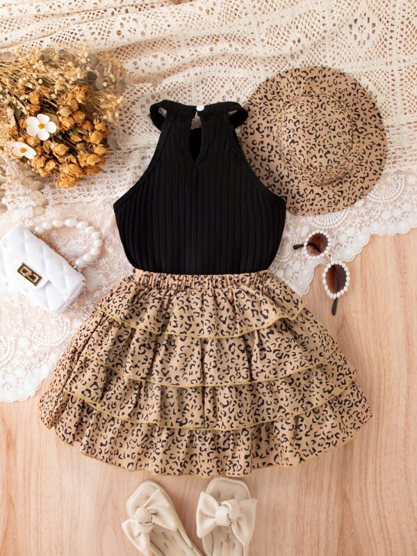 Girls' 3pcs Vintage Leopard Print Outfit Set - Sleeveless Cotton Blend Bandeau Top, Tiered Skirt, and Matching Hat - Casual Summer Wear for Kids with Frill Details - Image 6