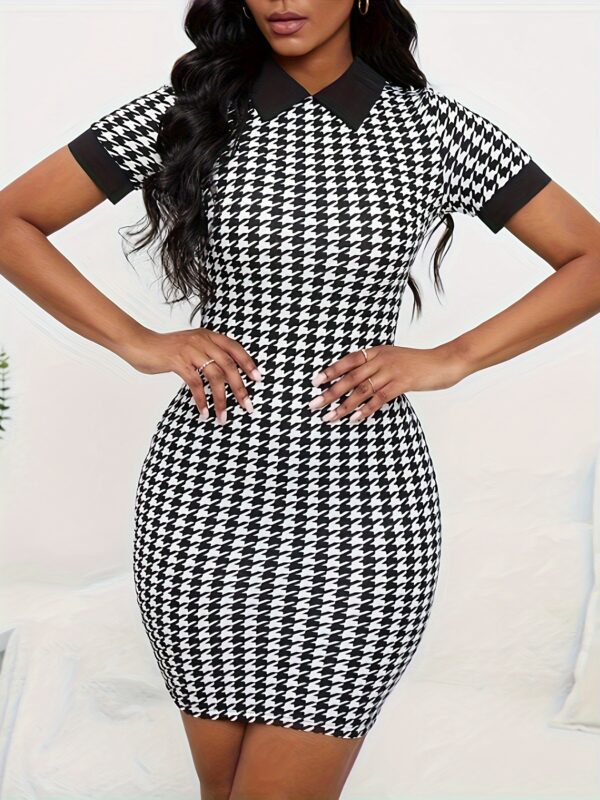 Houndstooth Print Contrast Trim Dress, Elegant Short Sleeve Dress For Spring & Summer, Women's Clothing - Image 7