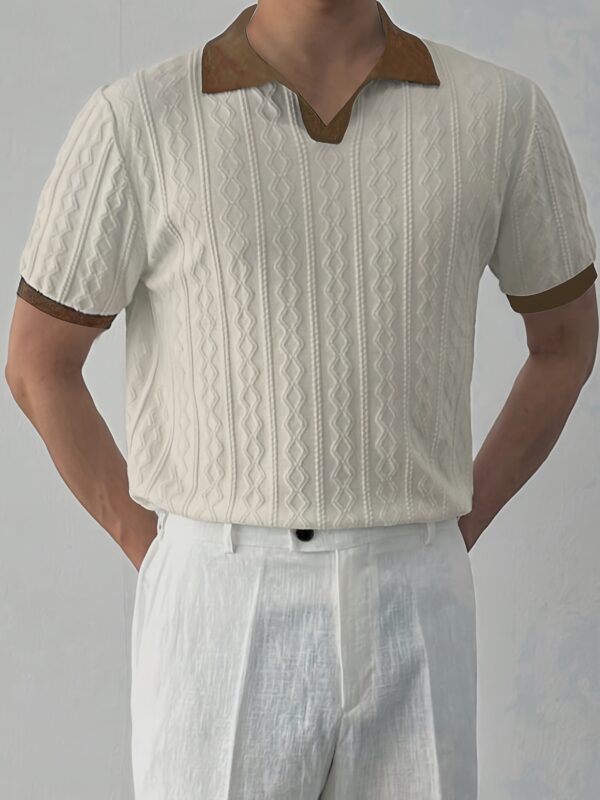 Men's Summer Slim Fit Contrast Collar Short Sleeve Knit Sweater - Lightweight Breathable Casual Pullover, Machine Washable for Office & Social Events, Cute Sweaters, Event Pullover, Medium Stretch Fabric - Image 3