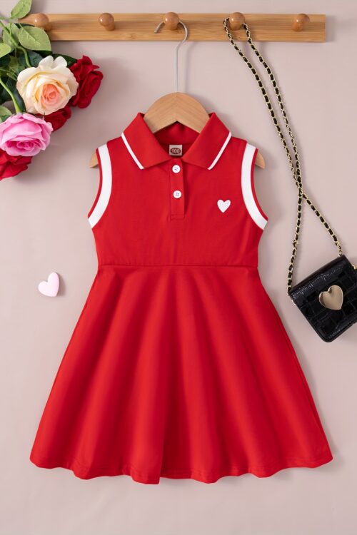 Chic Summer Girls’ Dress – Sleeveless with Collar, Heart Print & Knee-Length Casual Outfit