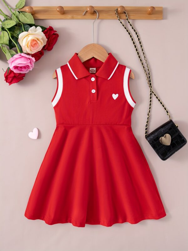 Chic Summer Girls' Dress - Sleeveless with Collar, Heart Print & Knee-Length Casual Outfit
