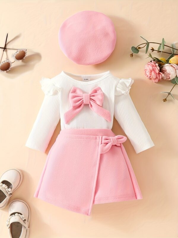 3pcs Baby's Adorable Bowknot Decor Long Sleeve Top + Beret + Trendy Skirt, Toddler & Infant Girl's Clothing Outdoor Set For Winter Fall, Outdoor Cloth - Image 4
