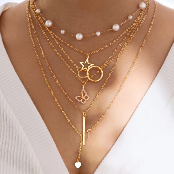 5pcs/91pcs/set Fashionable and Elegant Love Butterfly Five-pointed Star Imitation Pearl Multi-Element Necklace Bracelet Ring Earrings Earrings Five-in-One Jewelry Multi-Set High Value Gift Quick Delivery Halloween Christmas Valentine'S Day Best Choice No Box - Image 2