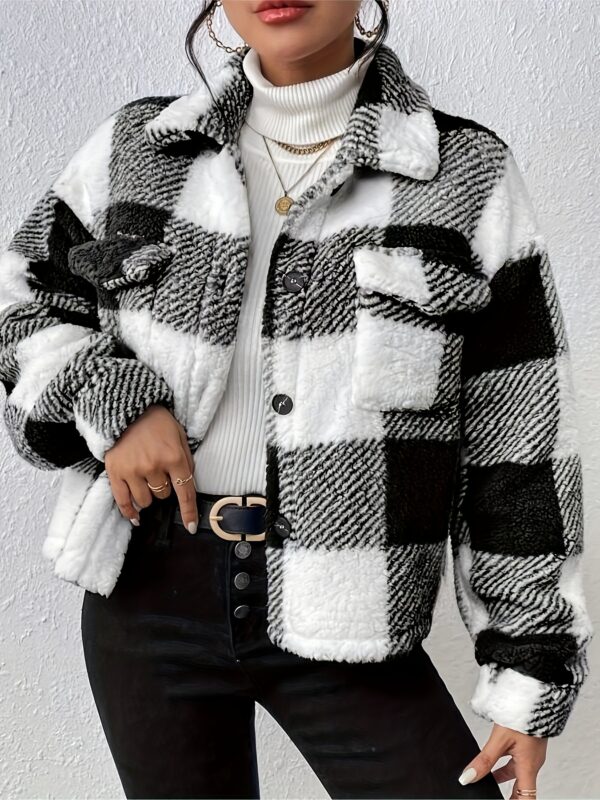 Plaid Button Front Teddy Coat, Casual Flap Pocket Long Sleeve Coat For Fall & Winter, Women's Clothing - Image 3