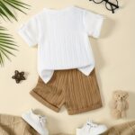 2pcs Boys' Summer Casual Outfit: Bear Print Short Sleeve Shirt & Elastic Waist Cuffed Ankle Shorts Set in Polyester - Machine Washable, Boys Summer Outfit|Striped Kids Shirt|Comfortable Children's Set, Boy Clothes, Perfect for Outdoor - Image 2