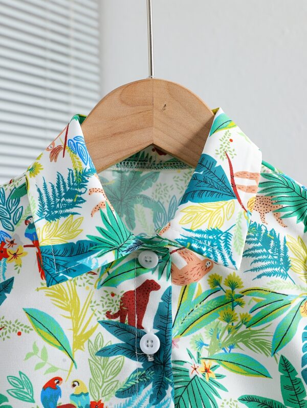 Boys' Summer Casual Outfit: White Leaf Print Short Sleeve Shirt and Comfortable Shorts Set, Polyester, Non-Stretch Fabric - Ideal for Outdoor Activities, Tree Leaf, Suitable, Leisure Style, Conventional Version, Summer, Perfect for Outdoor - Image 6