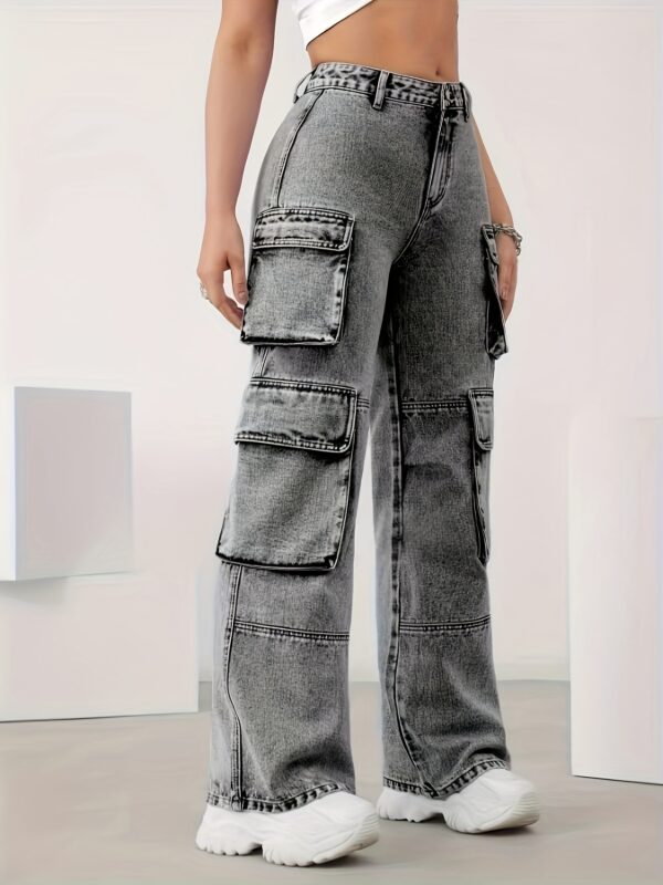 Women's High-Waisted Cargo Denim Jeans - Loose Fit, Stretch Blend, Utility Pockets, Light Wash, Comfortable & Stylish for Casual Attire - Image 5