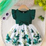 Girls' Spring/Summer Ruffled Sleeve Dress with Bow Detail and Elastic Waistband - Green Butterfly Print on White, Knee-Length, Machine Washable