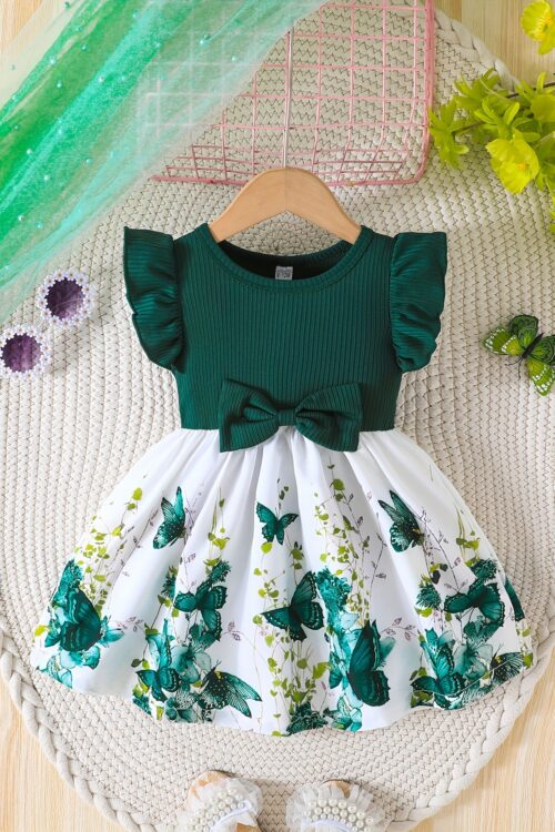 Girls’ Spring/Summer Ruffled Sleeve Dress with Bow Detail and Elastic Waistband – Green Butterfly Print on White, Knee-Length, Machine Washable