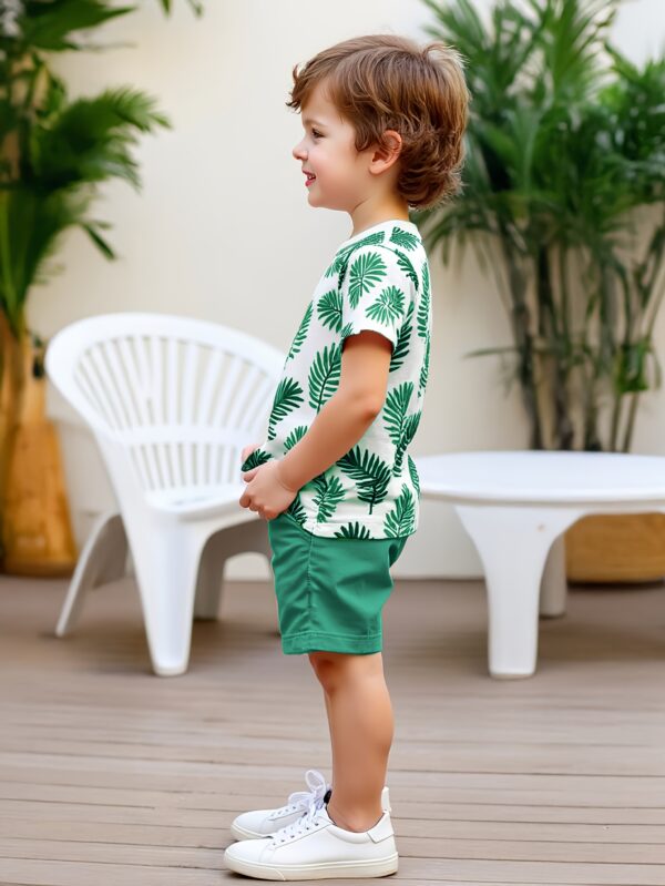 2pcs set of boys' clothing, summer short-sleeved round-neck T-shirt with leaf print and boy's fashionable shorts for summer outings, Perfect for Outdoor - Image 9