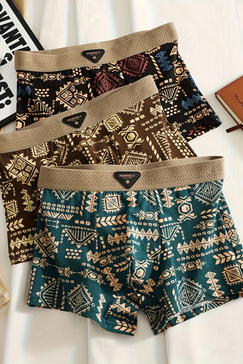 3pcs Men’s Retro Geometric Print Boxer Briefs – Mid-Rise Stretch Comfort, Machine Washable, Vibrant Colors for Running & Casual Wear