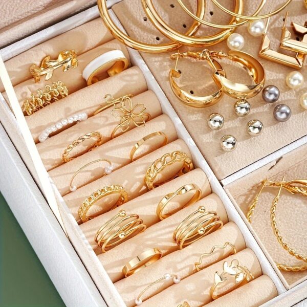 91pcs/114pcs Fashion Minimalist Luxury Metal Wind Hoop Earrings Set Hollow Layered Flower Ring Rhinestone Butterfly Bead Faux Imitation Pearl Pendant Necklace Beaded Bracelet Box Women's Jewelry Set for s Daily Party Friendship Birthday Gift No Box - Image 6