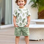 2pcs set of boys' clothing, summer short-sleeved round-neck T-shirt with leaf print and boy's fashionable shorts for summer outings, Perfect for Outdoor - Image 3
