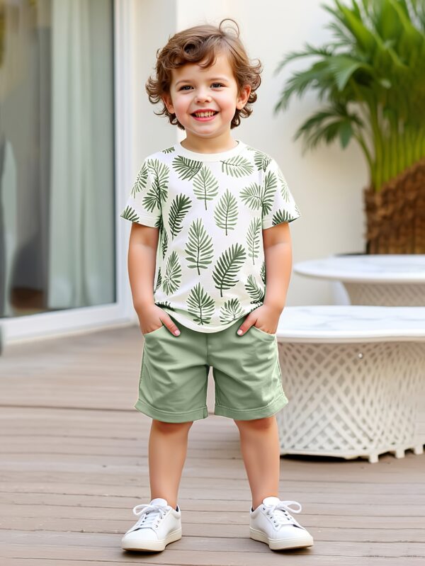 2pcs set of boys' clothing, summer short-sleeved round-neck T-shirt with leaf print and boy's fashionable shorts for summer outings, Perfect for Outdoor - Image 3