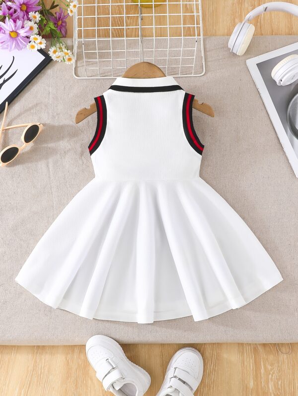 Toddler Sleeveless A-Line Dress - Vibrant Green with Black & White Striped Design, Button-Up Collar, Perfect for Summer Outdoor Activities, Youngsters' Fashion, Casual Wear|Sporty Style|Strapless Design, Youngsters Dress - Image 9