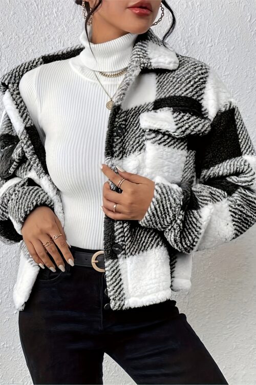 Plaid Button Front Teddy Coat, Casual Flap Pocket Long Sleeve Coat For Fall & Winter, Women’s Clothing