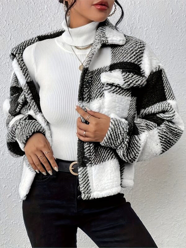Plaid Button Front Teddy Coat, Casual Flap Pocket Long Sleeve Coat For Fall & Winter, Women's Clothing