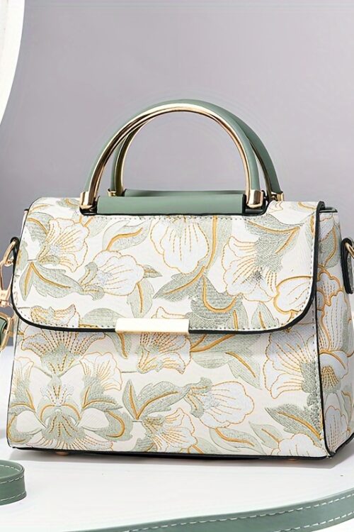 Floral Embroidered Crossbody Bag, Large Capacity with Zipper Closure, Polyester Lined, Versatile Commuter Handbag, Luxurious & Fashionable Design, Edge Paint Detail – Available in Black, Beige, Pink, Khaki, Green