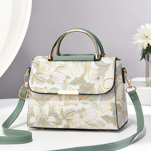 Floral Embroidered Crossbody Bag, Large Capacity with Zipper Closure, Polyester Lined, Versatile Commuter Handbag, Luxurious & Fashionable Design, Edge Paint Detail - Available in Black, Beige, Pink, Khaki, Green