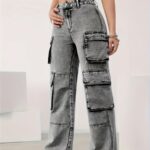Women's High-Waisted Cargo Denim Jeans - Loose Fit, Stretch Blend, Utility Pockets, Light Wash, Comfortable & Stylish for Casual Attire - Image 2