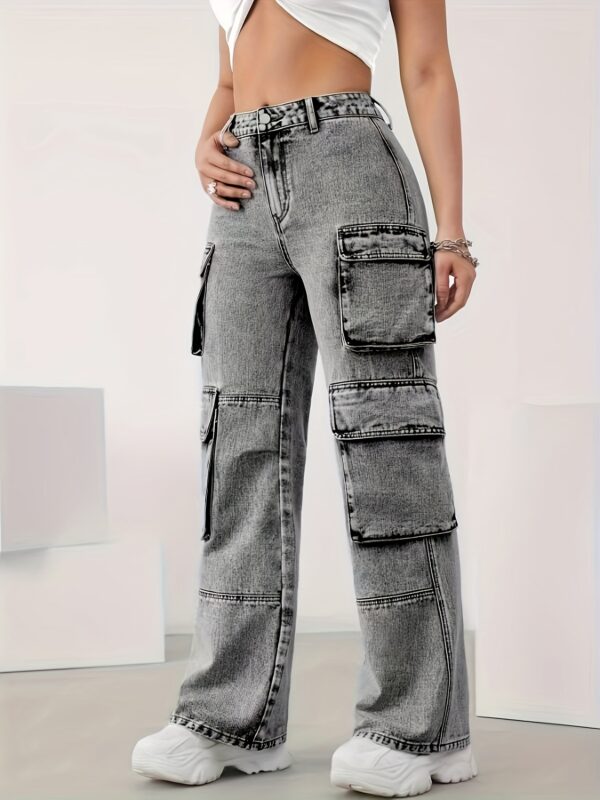 Women's High-Waisted Cargo Denim Jeans - Loose Fit, Stretch Blend, Utility Pockets, Light Wash, Comfortable & Stylish for Casual Attire - Image 2