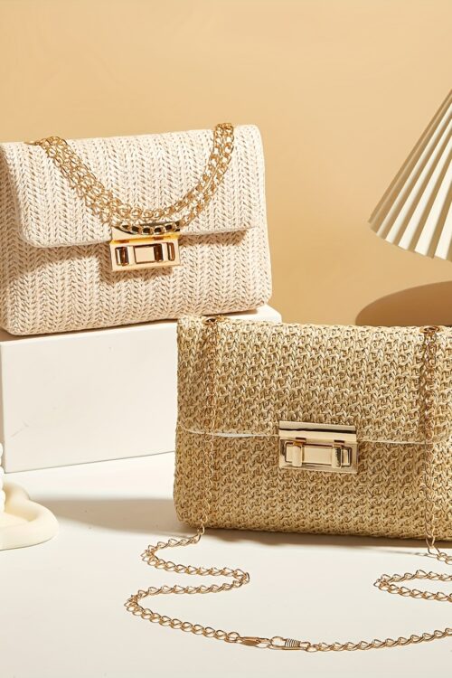 2025 New Trendy Woven Women’S Tote and Wallet, Practical Crossbody Bag, Single Shoulder Bag, Small Square Bag, Metal Chain Strap, Simple Women’S Crossbody Bag