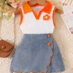 New Girls' Floral Orange And White Top with Denim Shorts Set, for Outdoor