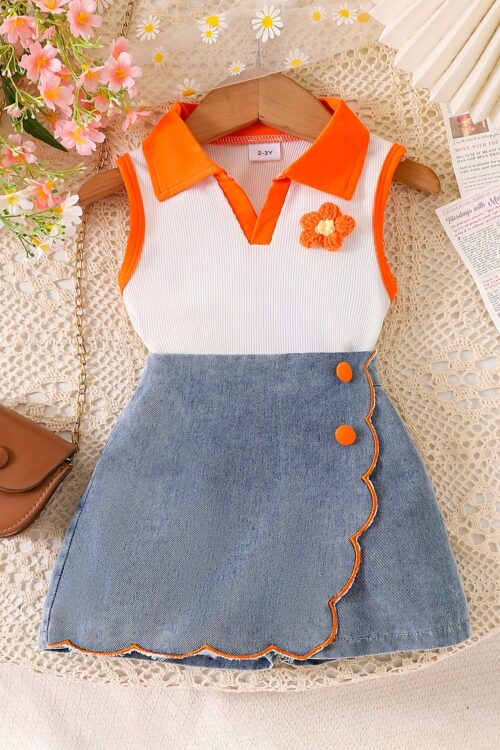 New Girls’ Floral Orange And White Top with Denim Shorts Set, for Outdoor