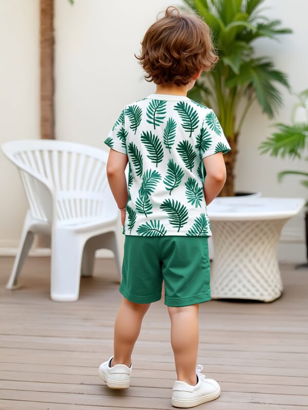 2pcs set of boys' clothing, summer short-sleeved round-neck T-shirt with leaf print and boy's fashionable shorts for summer outings, Perfect for Outdoor - Image 5