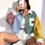 Women's Elegant Color-Block Drop Shoulder Jacket - Lightweight Short-Length Lapel Collar with Chest Pockets & Decorative Patch, Spring/Fall Casual Outerwear Light Blue/White/Pink, Yellow/Green/White, Button Front Closure, Singlesided Buttonup - Image 5