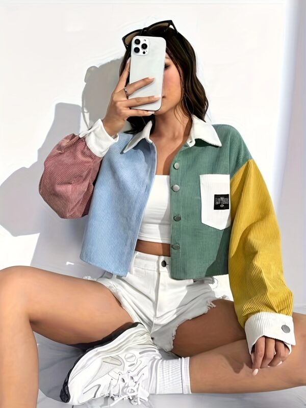 Women's Elegant Color-Block Drop Shoulder Jacket - Lightweight Short-Length Lapel Collar with Chest Pockets & Decorative Patch, Spring/Fall Casual Outerwear Light Blue/White/Pink, Yellow/Green/White, Button Front Closure, Singlesided Buttonup - Image 5