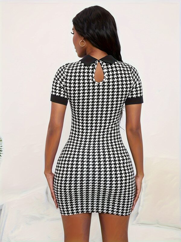 Houndstooth Print Contrast Trim Dress, Elegant Short Sleeve Dress For Spring & Summer, Women's Clothing - Image 4
