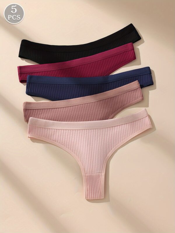 5pcs Soft & Breathable Women's Thongs - Sexy Low-Rise Ribbed Underwear in Black, Navy Blue, Maroon, Dark Pink & Light Pink, Hand Wash Only - Image 4
