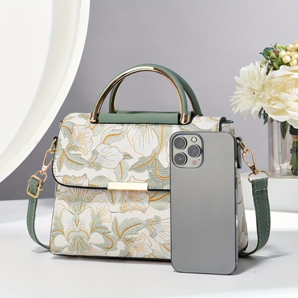 Floral Embroidered Crossbody Bag, Large Capacity with Zipper Closure, Polyester Lined, Versatile Commuter Handbag, Luxurious & Fashionable Design, Edge Paint Detail - Available in Black, Beige, Pink, Khaki, Green - Image 8