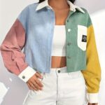 Women's Elegant Color-Block Drop Shoulder Jacket - Lightweight Short-Length Lapel Collar with Chest Pockets & Decorative Patch, Spring/Fall Casual Outerwear Light Blue/White/Pink, Yellow/Green/White, Button Front Closure, Singlesided Buttonup
