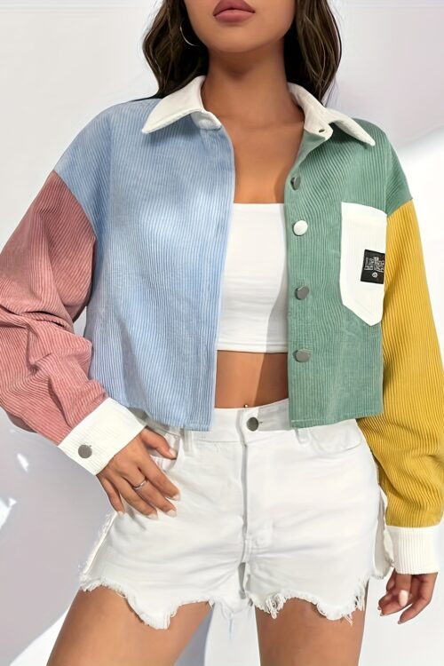 Women’s Elegant Color-Block Drop Shoulder Jacket – Lightweight Short-Length Lapel Collar with Chest Pockets & Decorative Patch, Spring/Fall Casual Outerwear Light Blue/White/Pink, Yellow/Green/White, Button Front Closure, Singlesided Buttonup