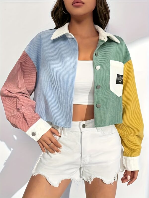 Women's Elegant Color-Block Drop Shoulder Jacket - Lightweight Short-Length Lapel Collar with Chest Pockets & Decorative Patch, Spring/Fall Casual Outerwear Light Blue/White/Pink, Yellow/Green/White, Button Front Closure, Singlesided Buttonup